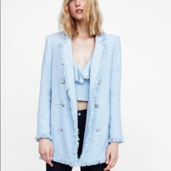 zara blue tweed blazer